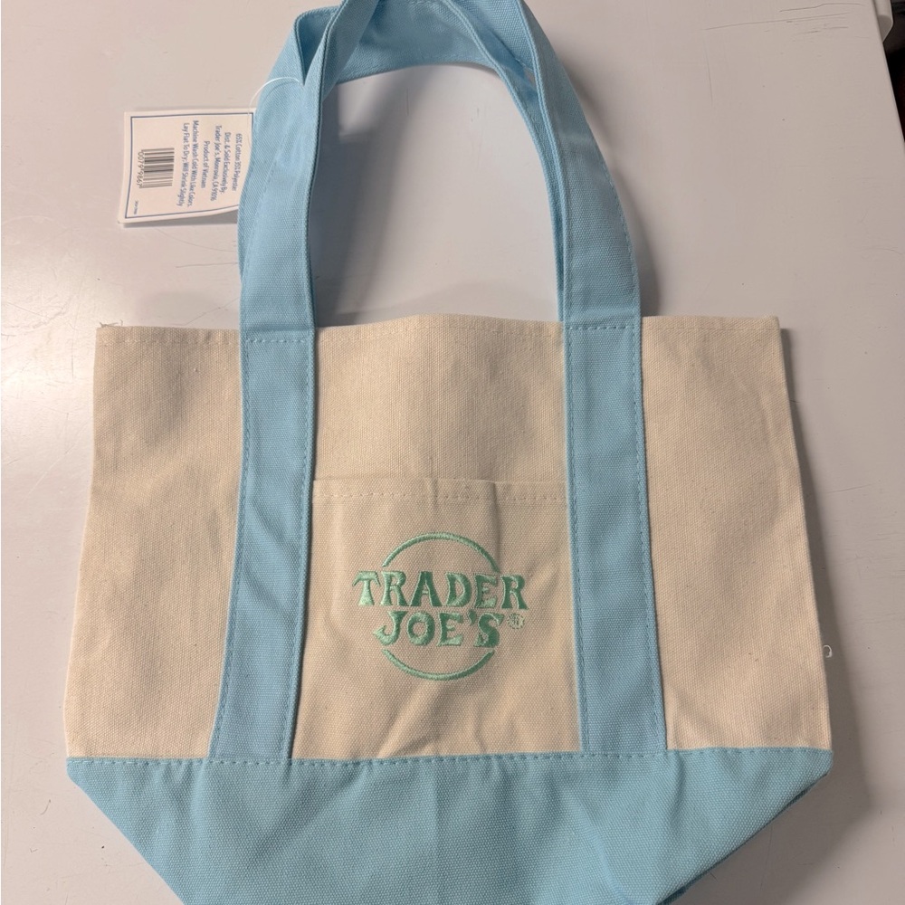 Trader Joe’s Pastel Mini Canvas Tote - Blue Handle with Green Logo NWT